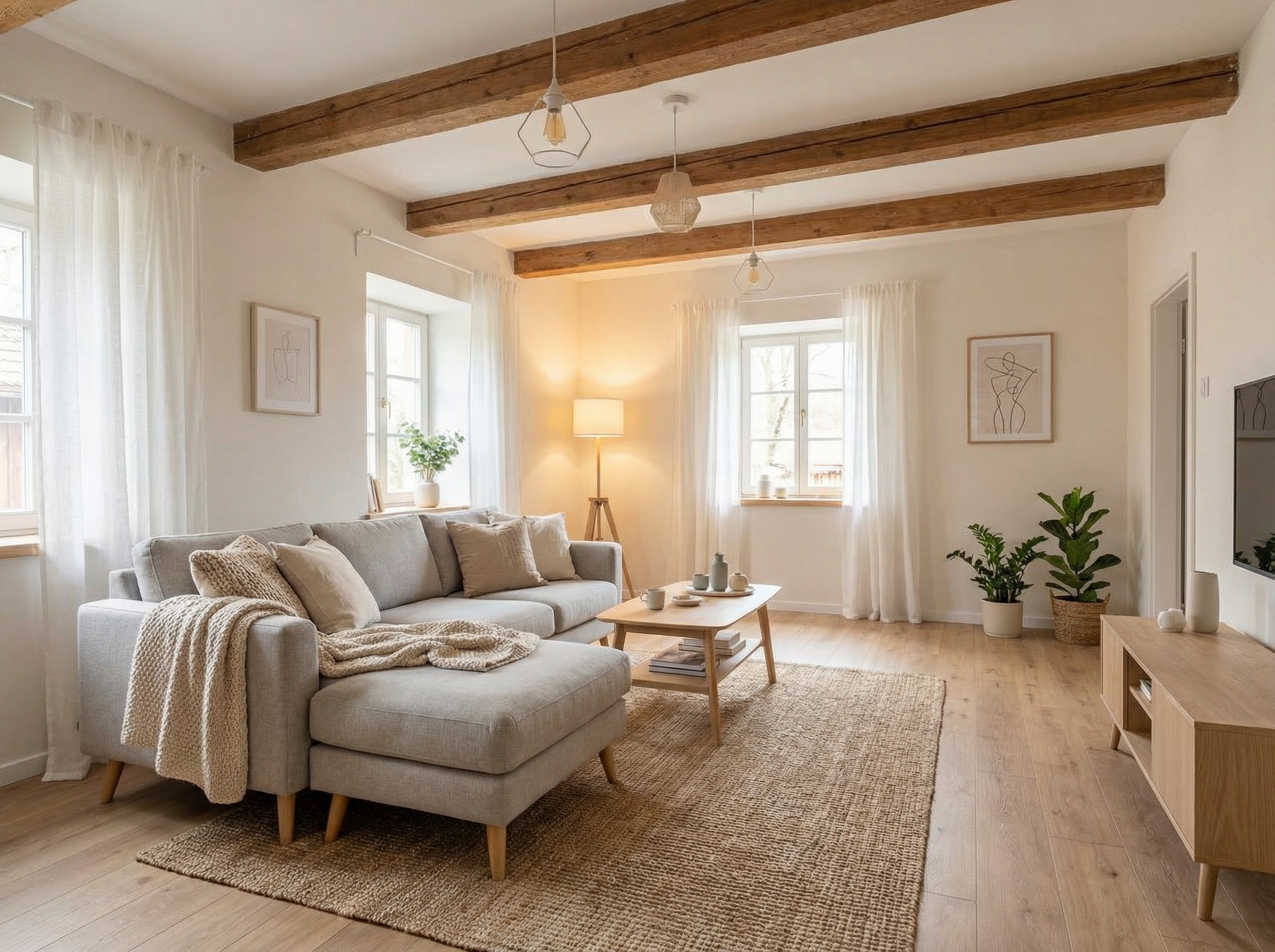 Дизайн гостиной в стиле Хюгге — фото интерьера от нейросети RoomGPT