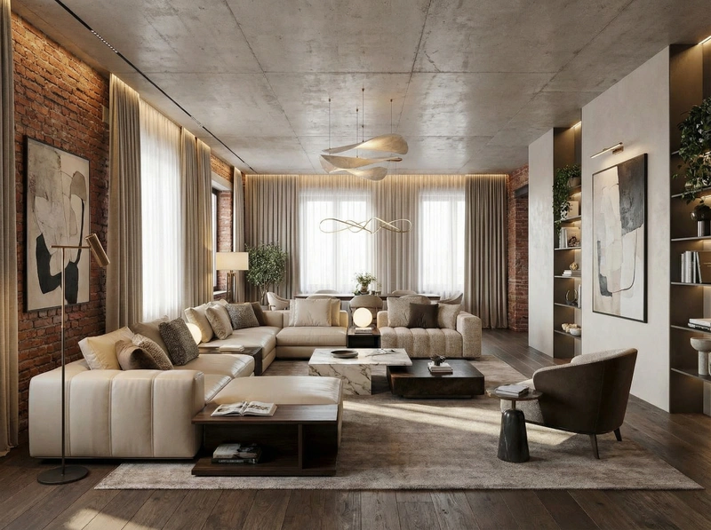 Дизайн интерьера в стиле Контемпорари — Гостиная от нейросети RoomGPT