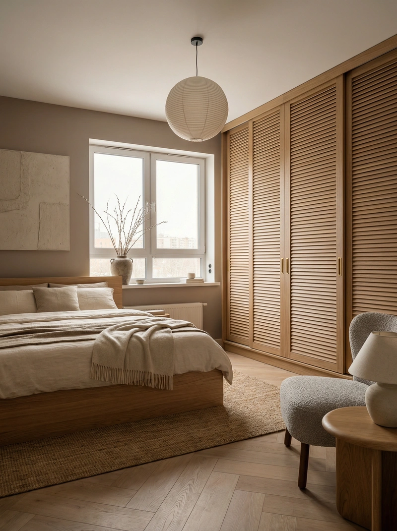 Дизайн спальни в стиле Japandi — фото интерьера от нейросети RoomGPT