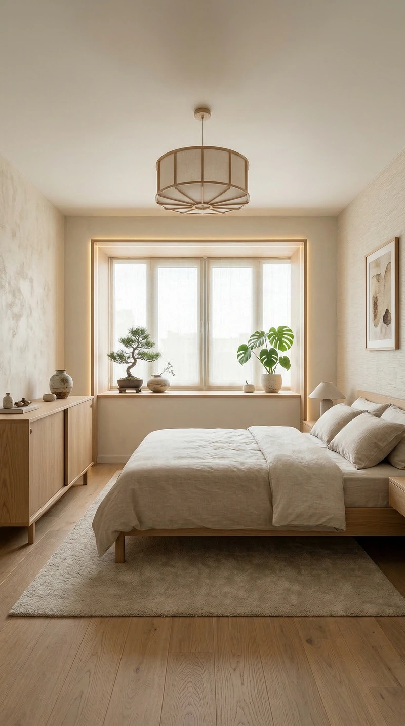 Дизайн спальни в стиле Japandi — фото интерьера от нейросети RoomGPT