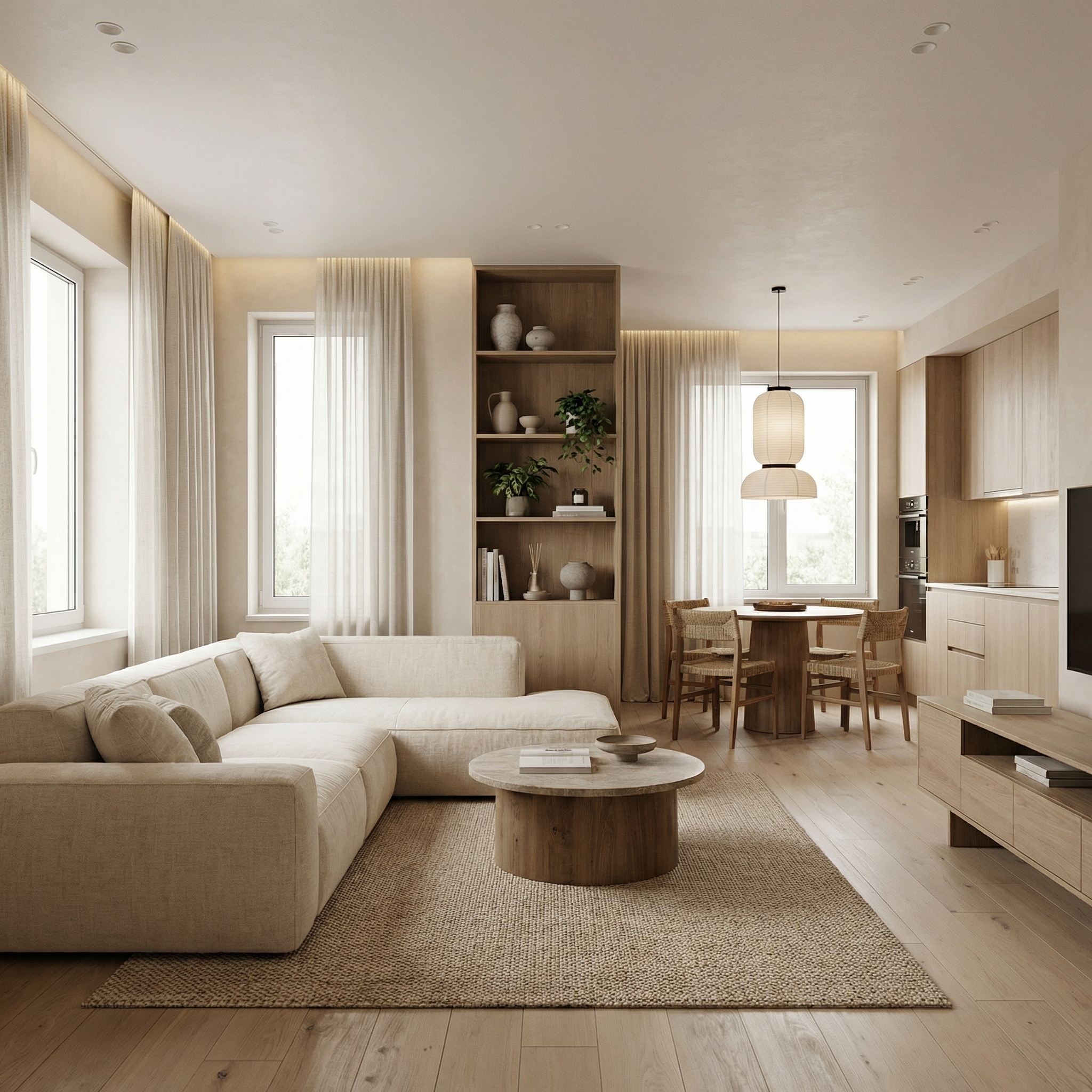 Дизайн гостиной в стиле Japandi — фото интерьера от нейросети RoomGPT