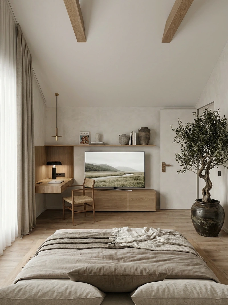 Дизайн спальни в стиле Japandi — фото интерьера от нейросети RoomGPT