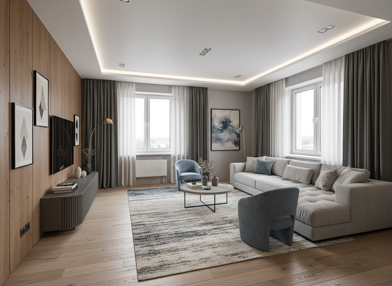 Дизайн интерьера в стиле Контемпорари — Гостиная от нейросети RoomGPT