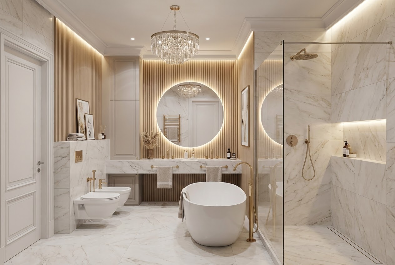 Дизайн ванной в стиле Неоклассика — фото интерьера от нейросети RoomGPT