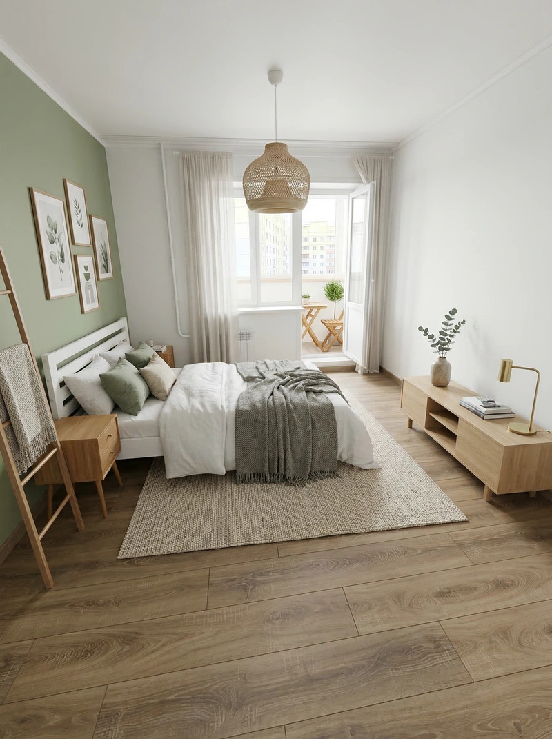 Дизайн спальни в стиле Сканди — фото интерьера от нейросети RoomGPT