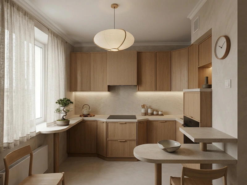 Дизайн кухни в стиле Japandi — фото интерьера от нейросети RoomGPT