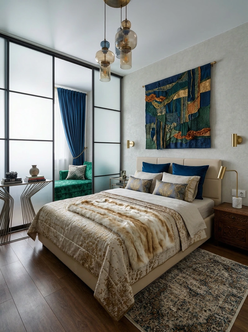 Дизайн спальни в стиле Эклектика — фото интерьера от нейросети RoomGPT