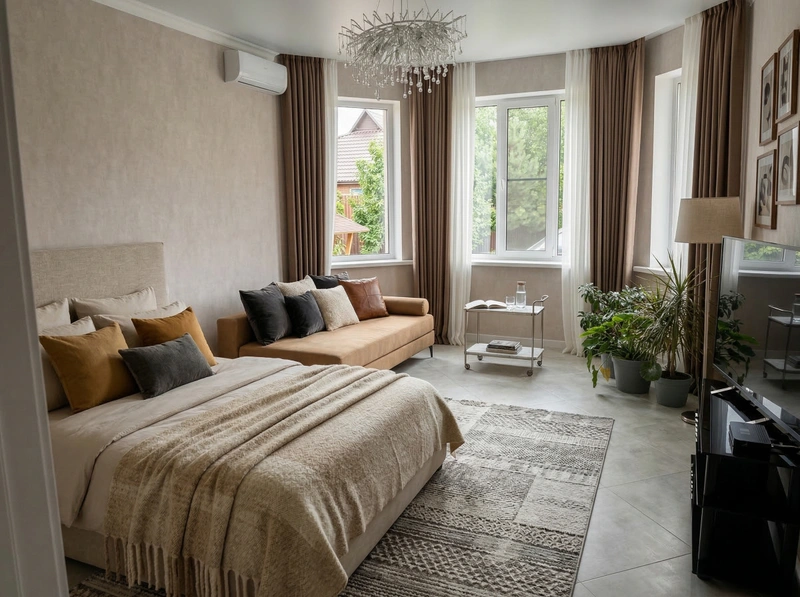 Дизайн спальни в стиле Контемпорари — фото интерьера от нейросети RoomGPT