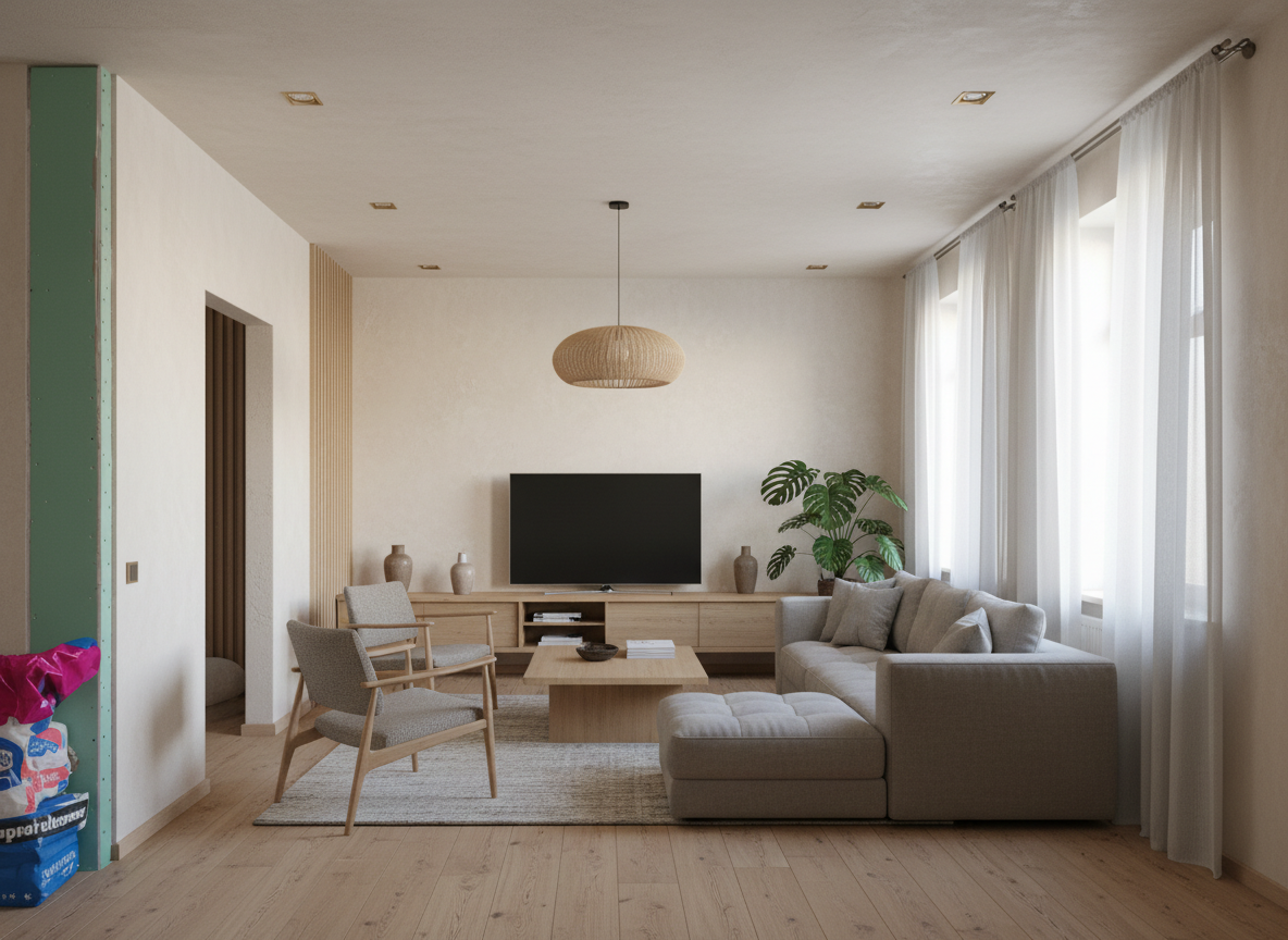 Дизайн гостиной в стиле Japandi — фото интерьера от нейросети RoomGPT