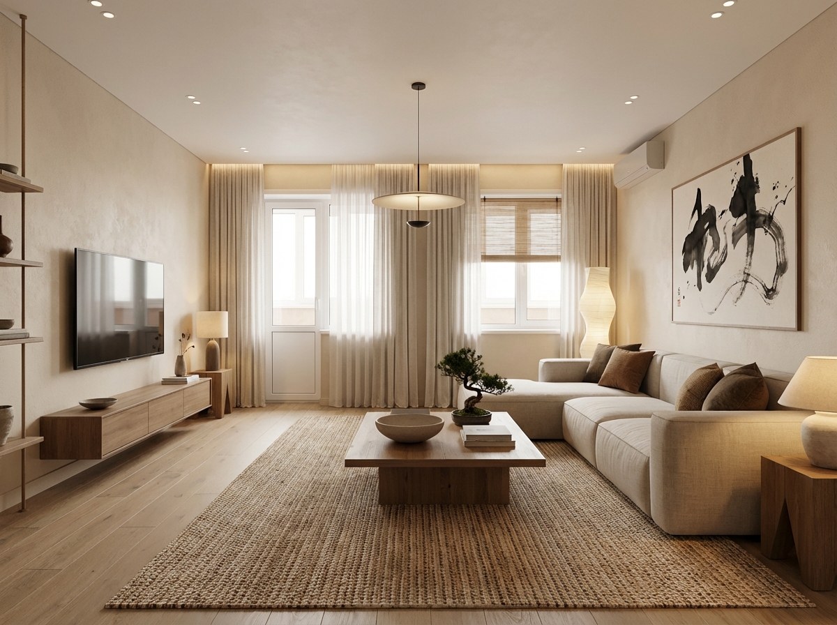 Дизайн гостиной в стиле Japandi — фото интерьера от нейросети RoomGPT