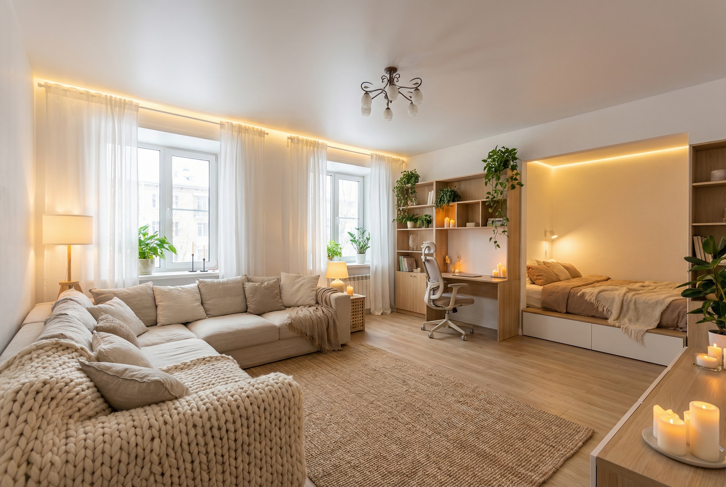 Дизайн гостиной в стиле Хюгге — фото интерьера от нейросети RoomGPT