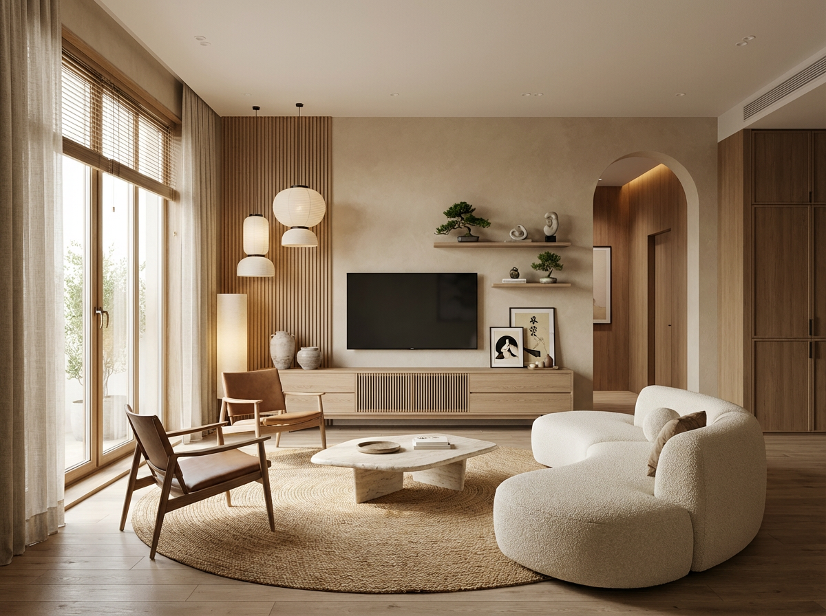 Дизайн гостиной в стиле Japandi — фото интерьера от нейросети RoomGPT