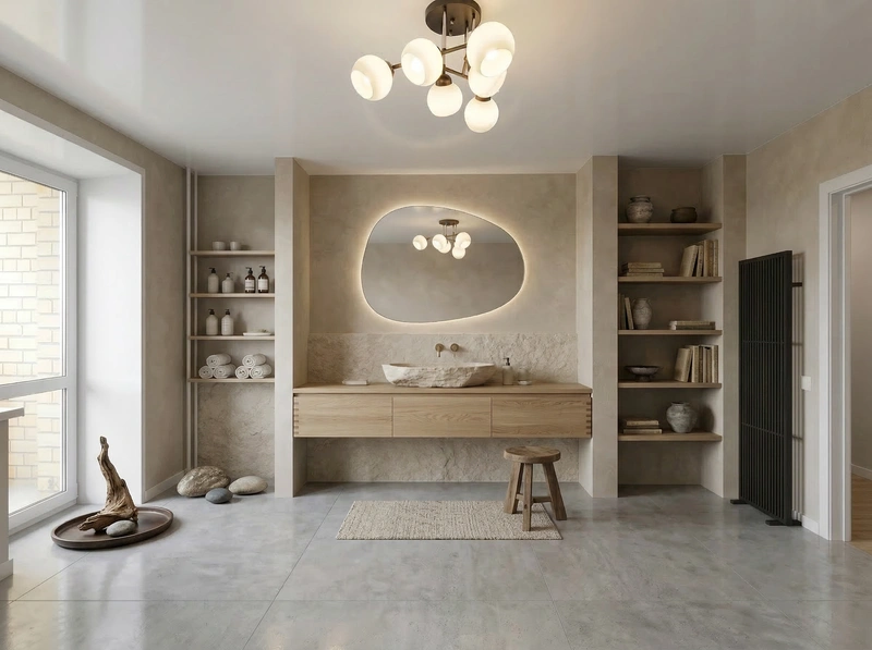 Дизайн ванной в стиле Japandi — фото интерьера от нейросети RoomGPT