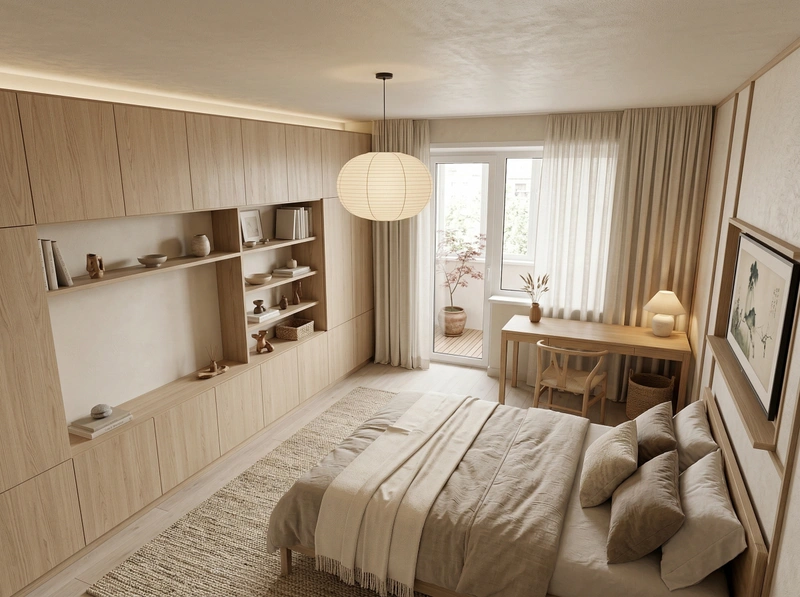 Дизайн спальни в стиле Japandi — фото интерьера от нейросети RoomGPT