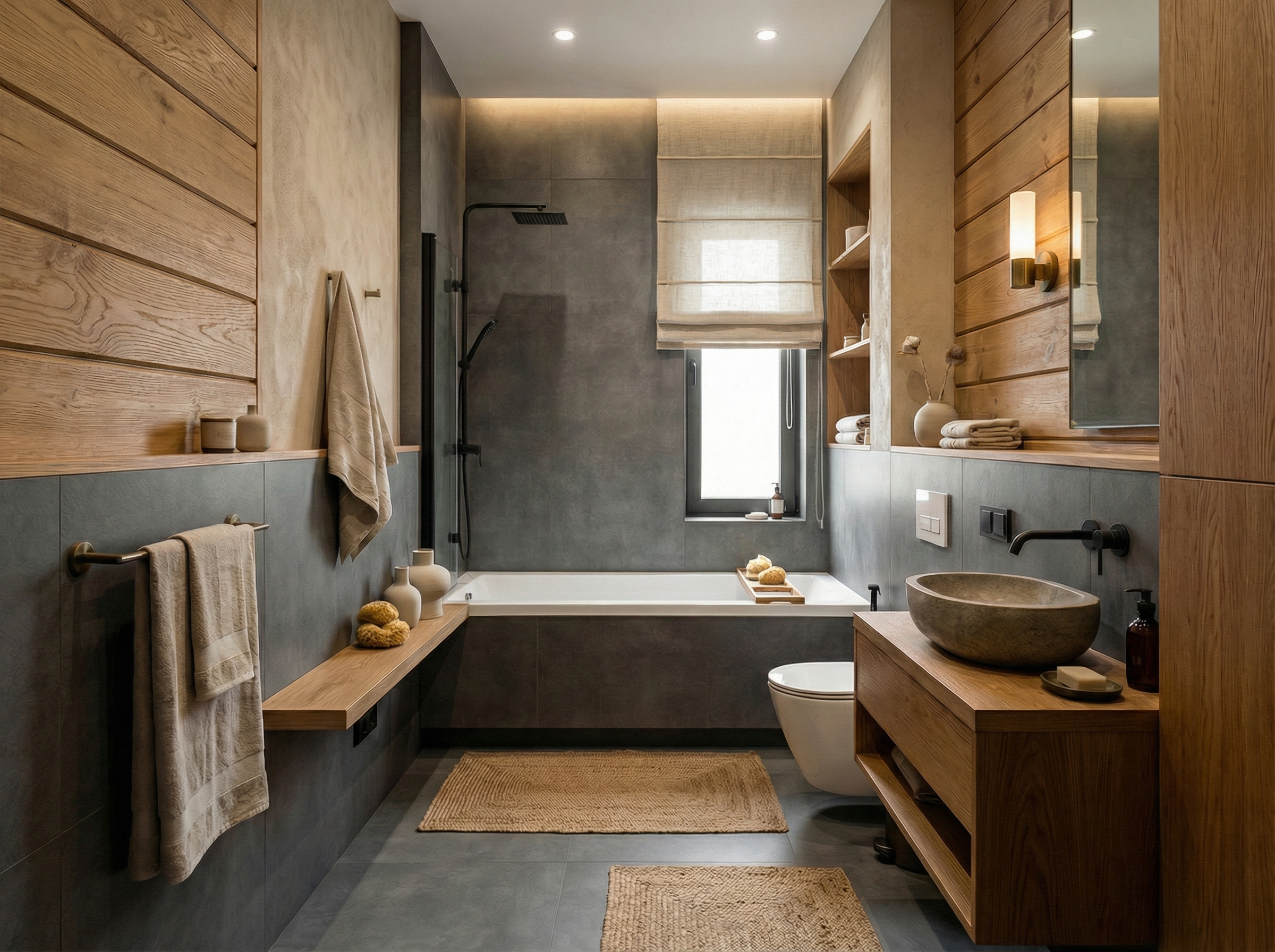 Дизайн ванной в стиле Japandi — фото интерьера от нейросети RoomGPT