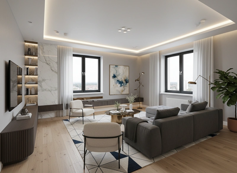 Дизайн интерьера в стиле Контемпорари — Гостиная от нейросети RoomGPT