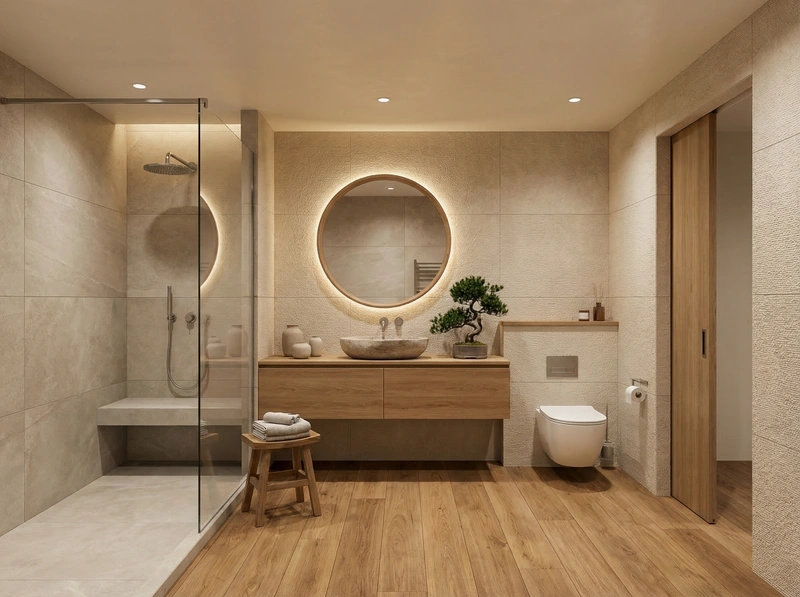 Дизайн ванной в стиле Japandi — фото интерьера от нейросети RoomGPT