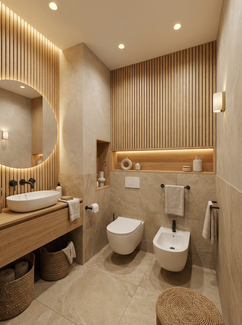 Дизайн ванной в стиле Japandi — фото интерьера от нейросети RoomGPT