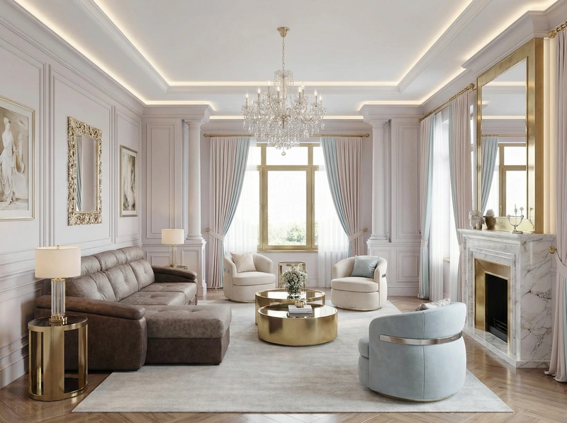 Дизайн гостиной в стиле Неоклассика — фото интерьера от нейросети RoomGPT