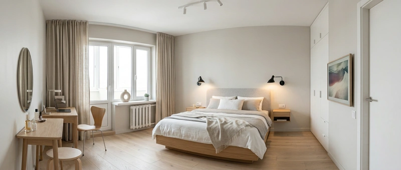 Дизайн спальни в стиле Сканди — фото интерьера от нейросети RoomGPT