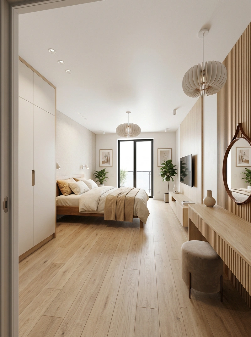 Дизайн спальни в стиле Сканди — фото интерьера от нейросети RoomGPT