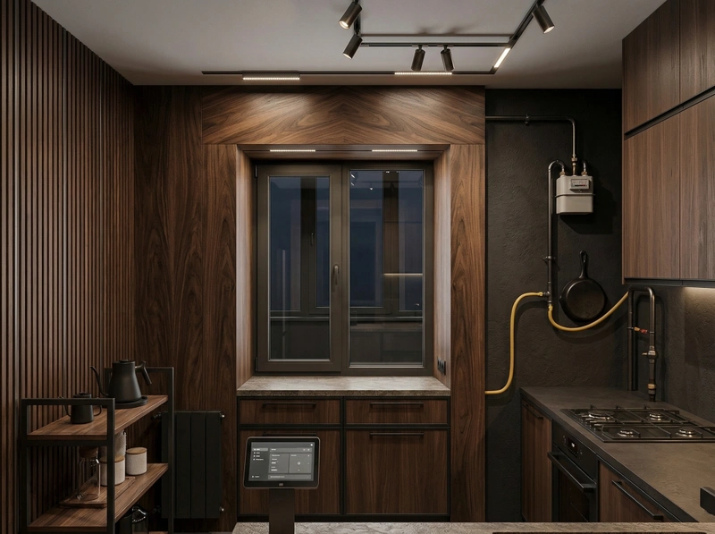 Дизайн кухни в стиле Блэктэк — фото интерьера от нейросети RoomGPT