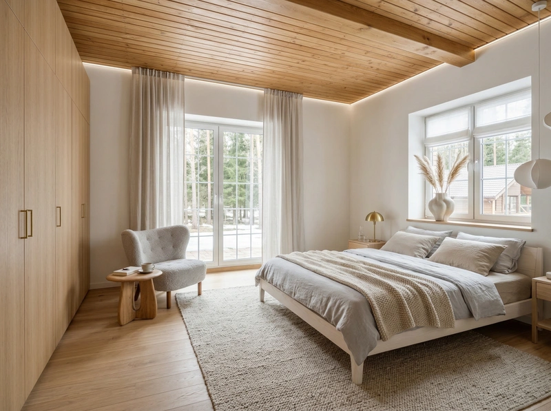 Дизайн спальни в стиле Сканди — фото интерьера от нейросети RoomGPT