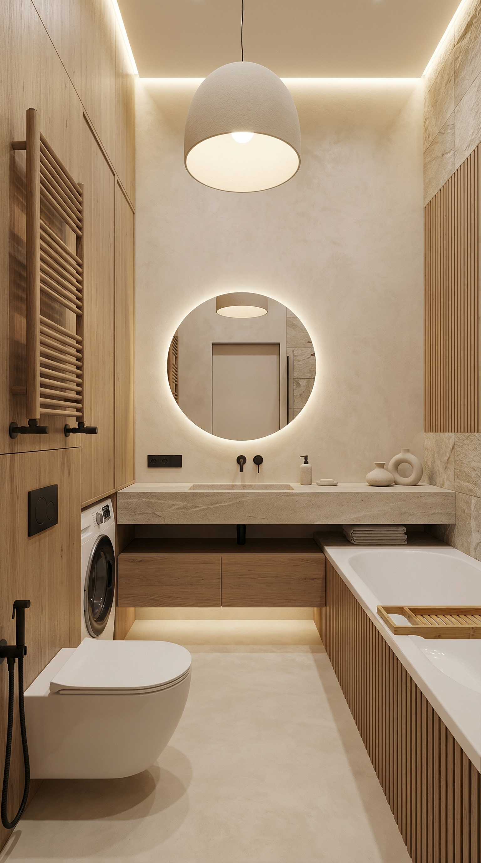 Дизайн ванной в стиле Japandi — фото интерьера от нейросети RoomGPT