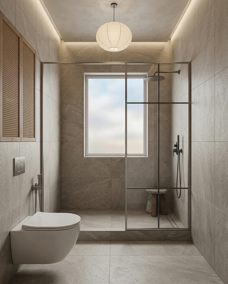 Дизайн ванной в стиле Japandi — фото интерьера от нейросети RoomGPT