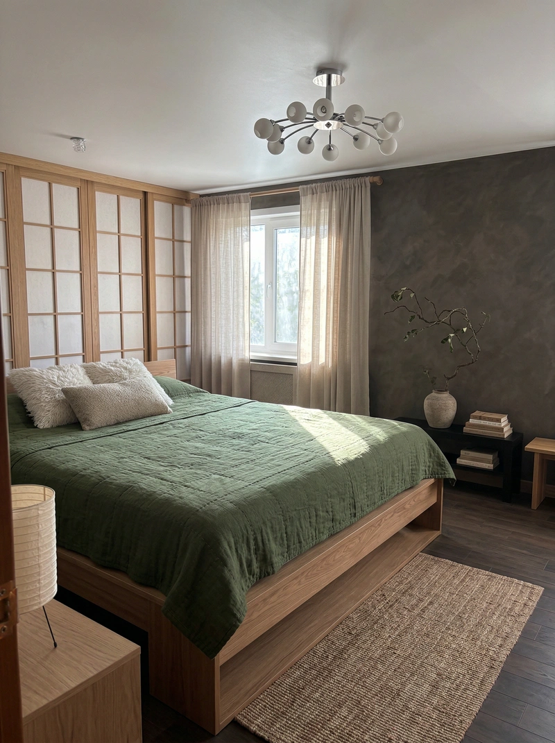 Дизайн спальни в стиле Japandi — фото интерьера от нейросети RoomGPT