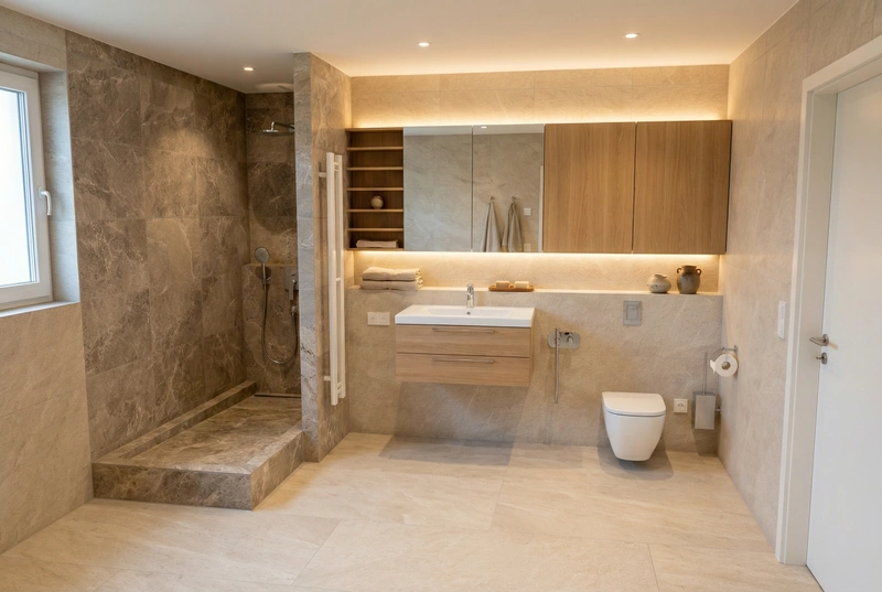 Дизайн ванной в стиле Japandi — фото интерьера от нейросети RoomGPT