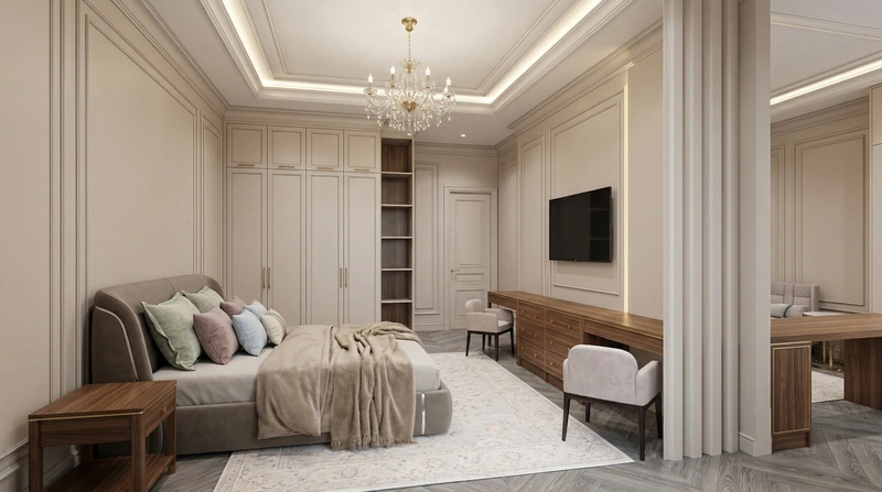 Дизайн спальни в стиле Неоклассика — фото интерьера от нейросети RoomGPT