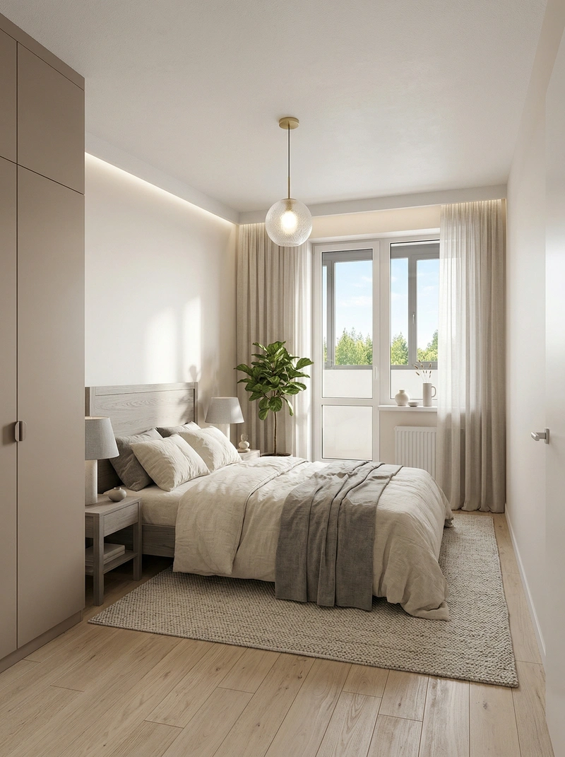 Дизайн спальни в стиле Сканди — фото интерьера от нейросети RoomGPT
