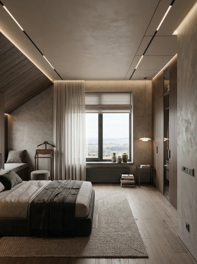 Дизайн спальни в стиле Контемпорари — фото интерьера от нейросети RoomGPT