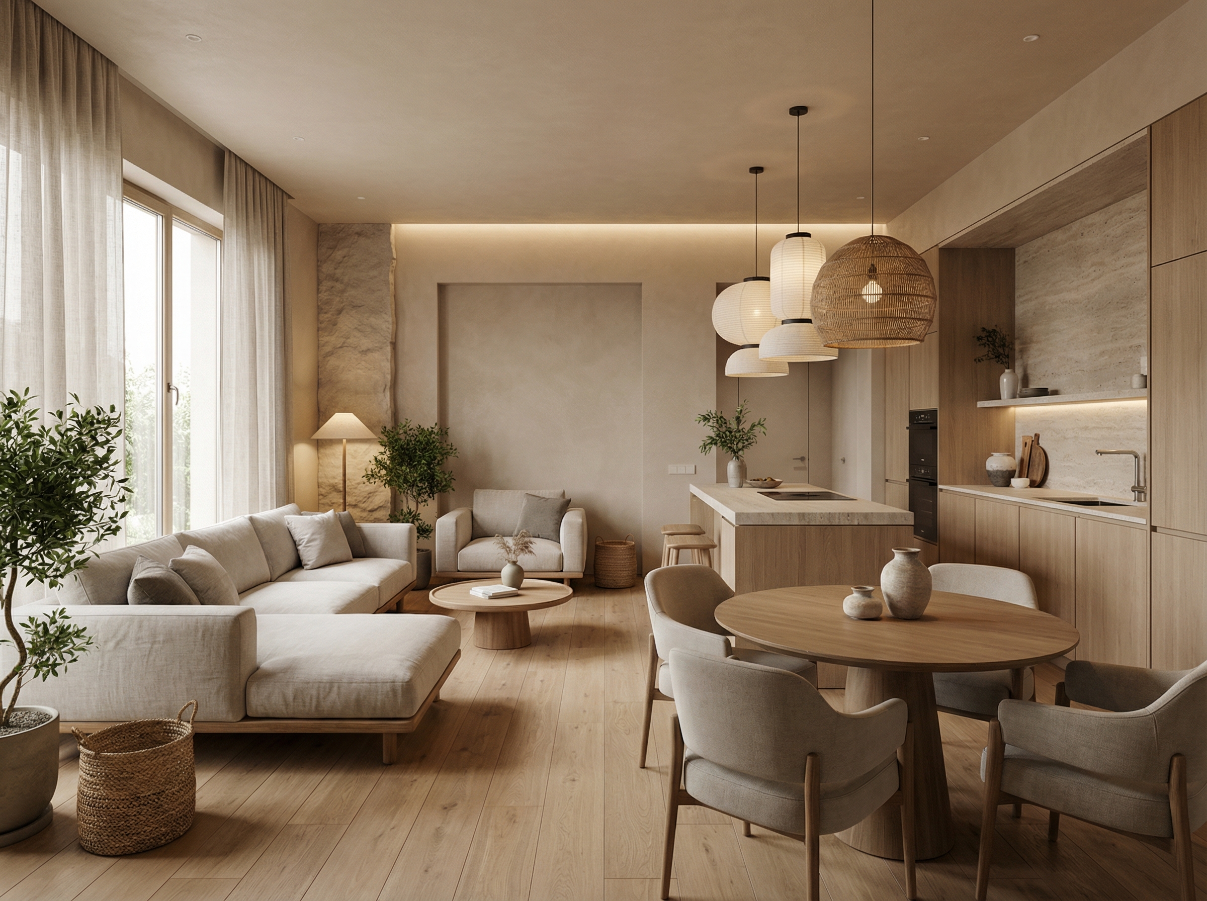 Дизайн гостиной в стиле Japandi — фото интерьера от нейросети RoomGPT