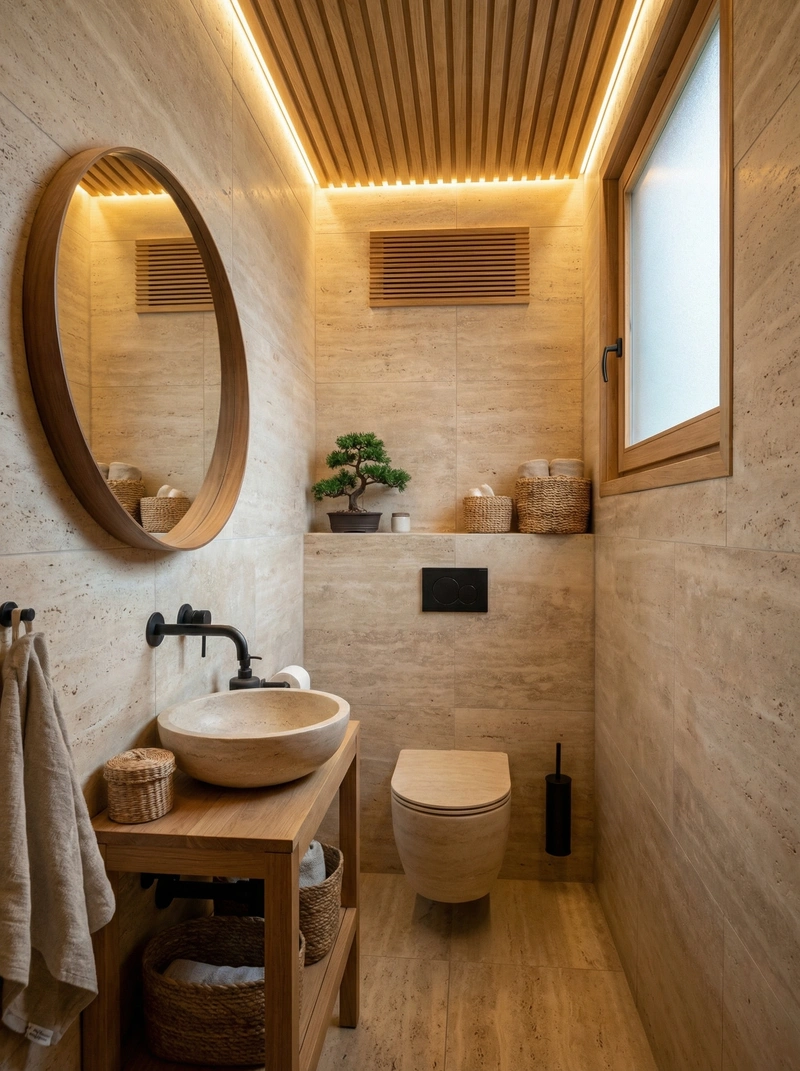 Дизайн ванной в стиле Japandi — фото интерьера от нейросети RoomGPT