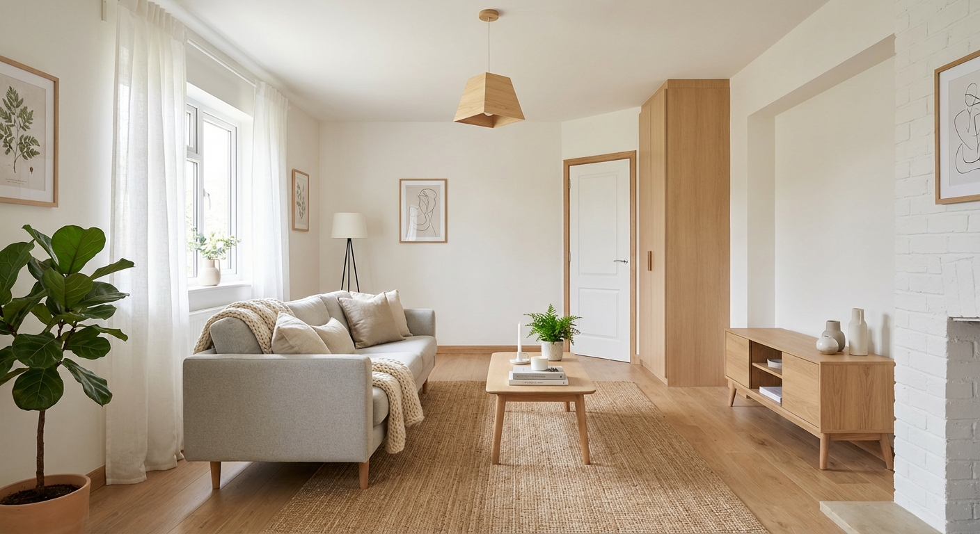 Дизайн гостиной в стиле Хюгге — фото интерьера от нейросети RoomGPT