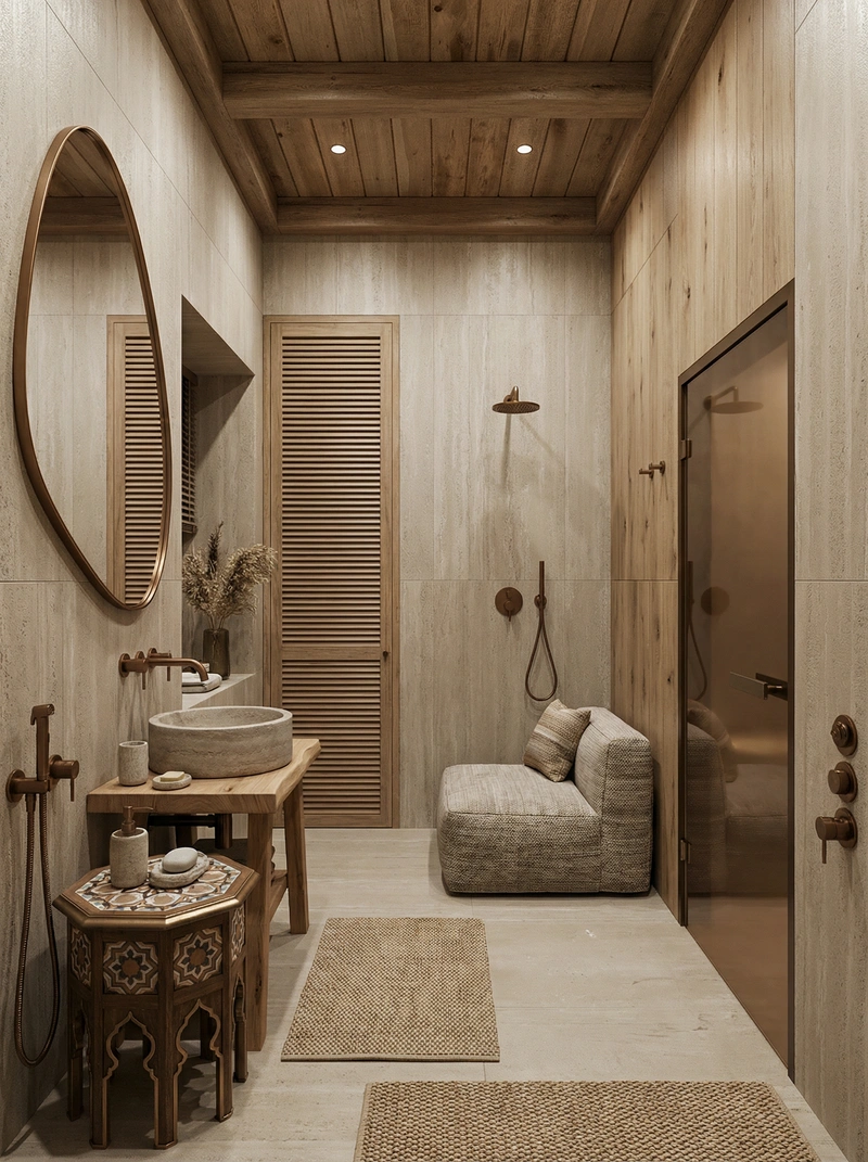 Дизайн ванной в стиле Japandi — фото интерьера от нейросети RoomGPT