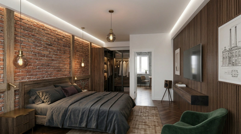 Дизайн спальни в стиле Лофт — фото интерьера от нейросети RoomGPT