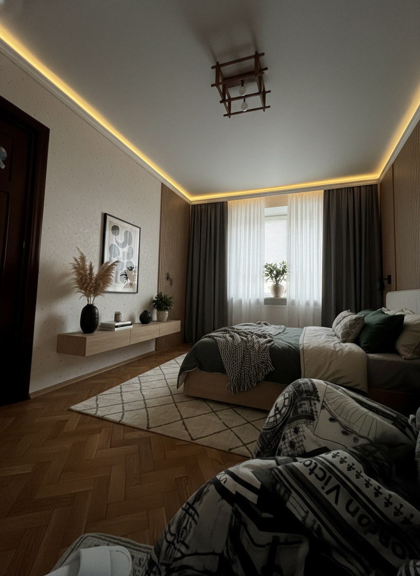 Дизайн спальни в стиле Japandi — фото интерьера от нейросети RoomGPT