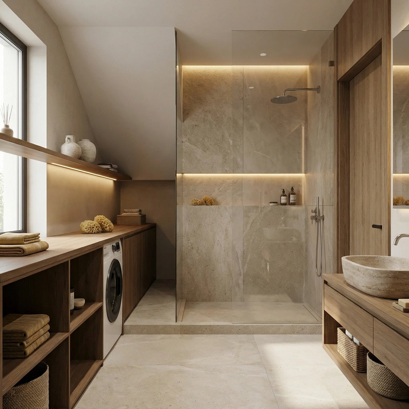 Дизайн ванной в стиле Japandi — фото интерьера от нейросети RoomGPT