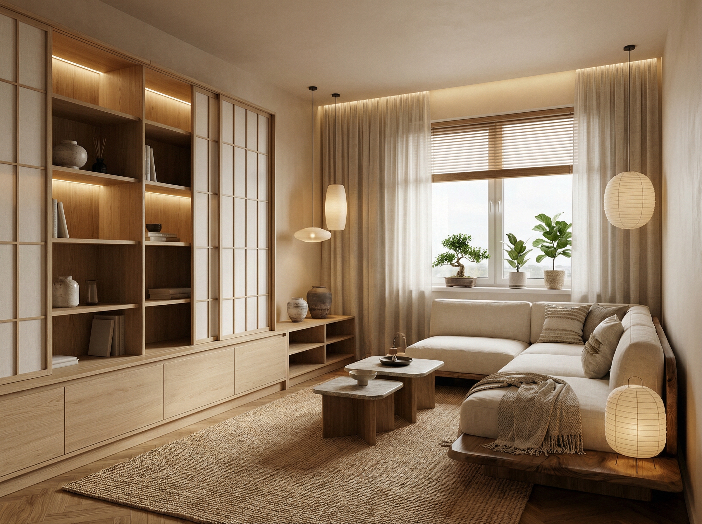 Дизайн гостиной в стиле Japandi — фото интерьера от нейросети RoomGPT