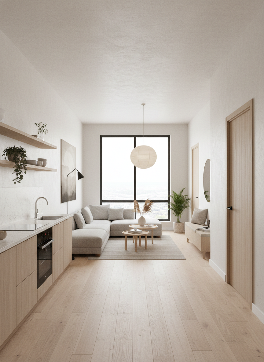 Дизайн гостиной в стиле Japandi — фото интерьера от нейросети RoomGPT