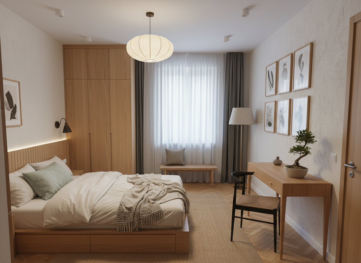 Дизайн спальни в стиле Japandi — фото интерьера от нейросети RoomGPT