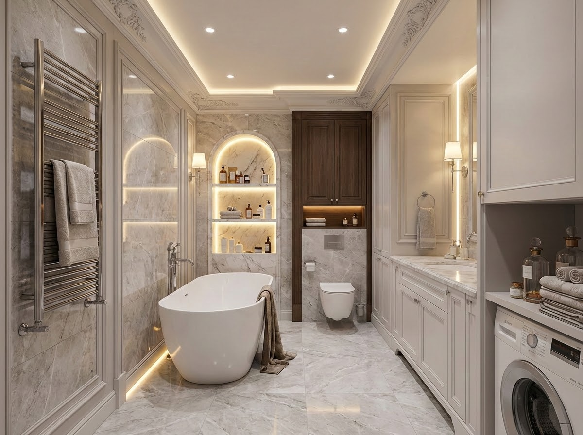 Дизайн ванной в стиле Классика — фото интерьера от нейросети RoomGPT