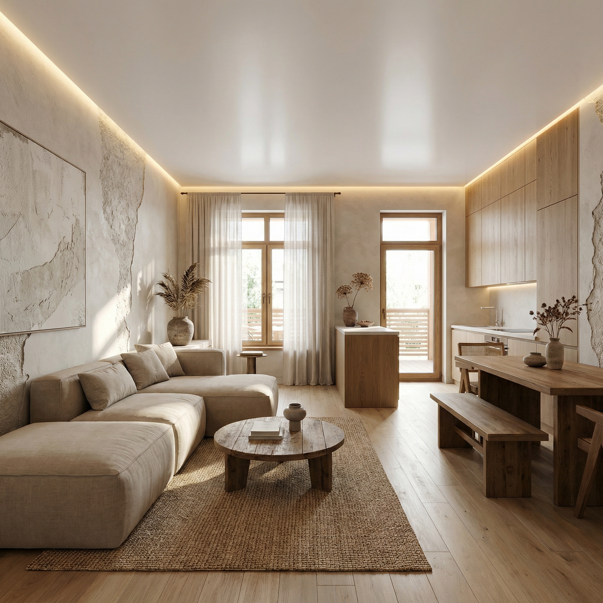 Дизайн гостиной в стиле Japandi — фото интерьера от нейросети RoomGPT