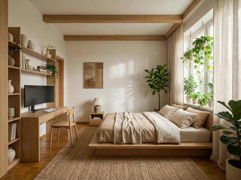 Дизайн спальни в стиле Japandi — фото интерьера от нейросети RoomGPT