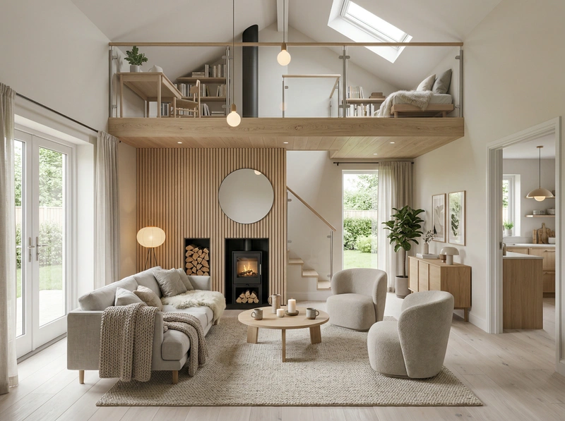 Дизайн гостиной в стиле Хюгге — фото интерьера от нейросети RoomGPT