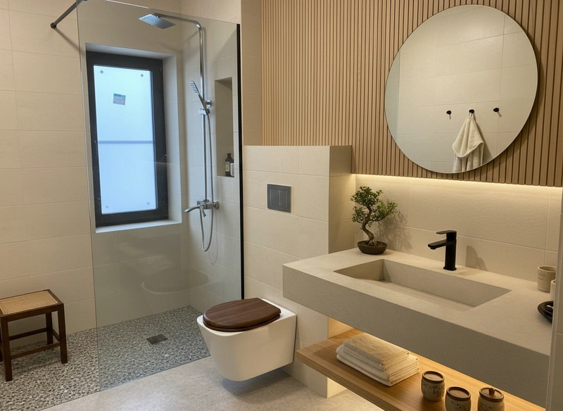 Дизайн ванной в стиле Japandi — фото интерьера от нейросети RoomGPT