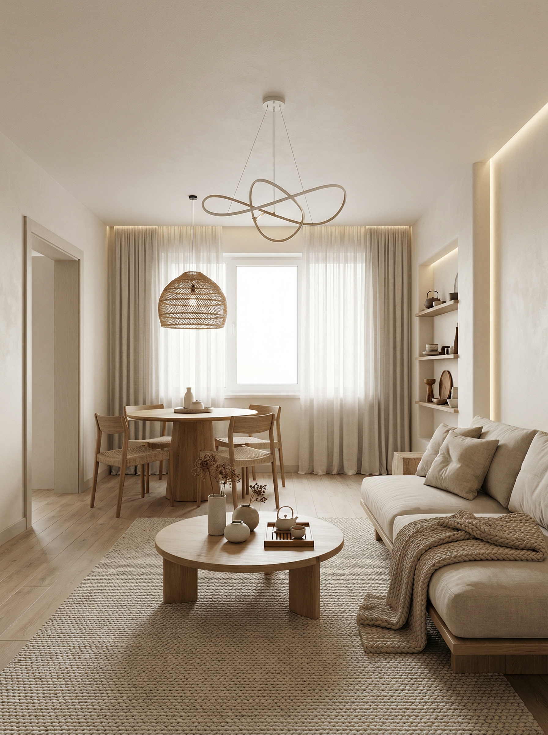 Дизайн гостиной в стиле Japandi — фото интерьера от нейросети RoomGPT